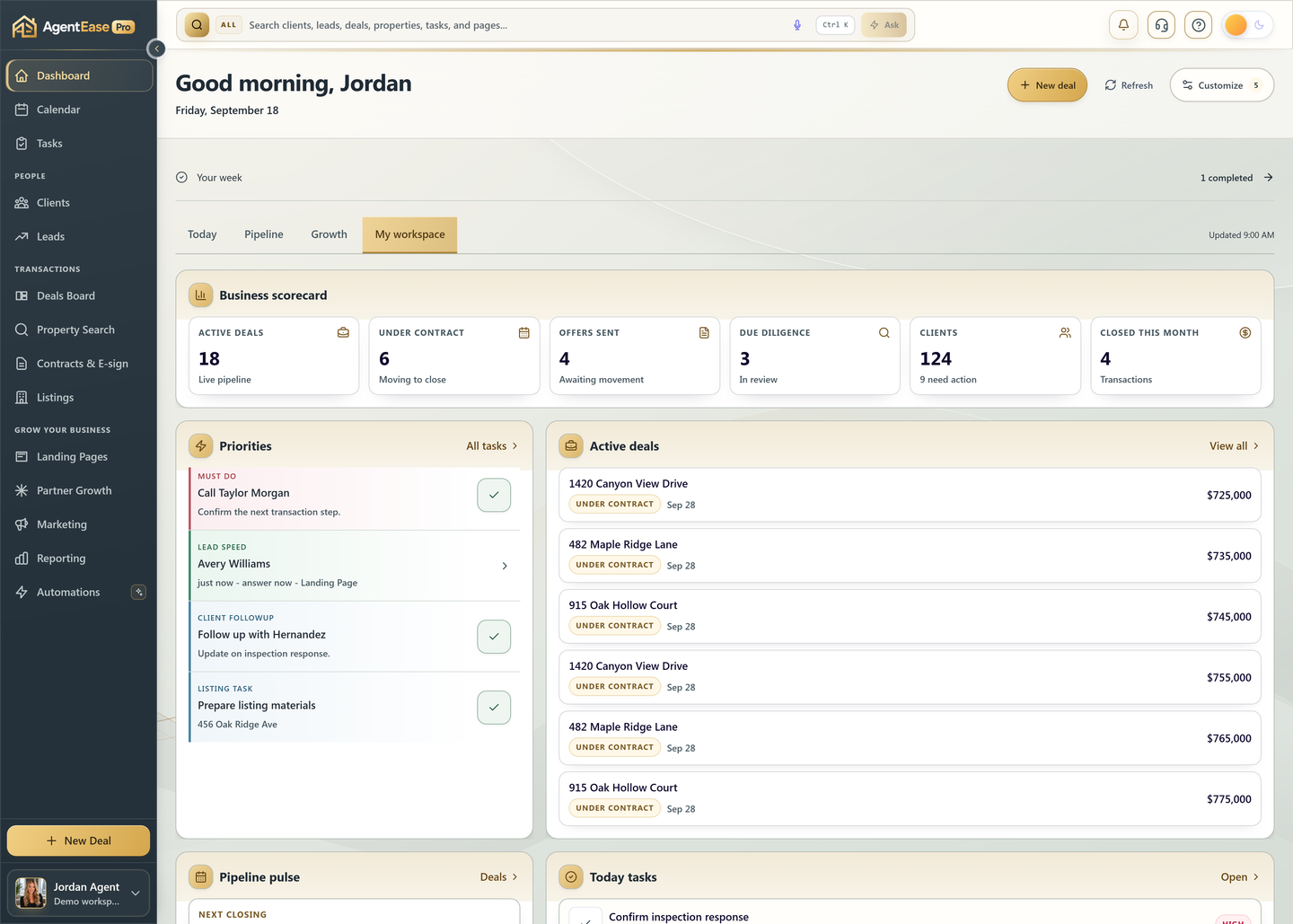 Actual AgentEase Pro dashboard with a business scorecard, daily priorities, and the complete sidebar, shown with sample data